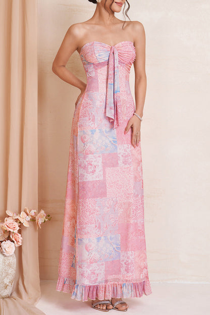 Patchwork Floral Strapless Tie Front Maxi Dress