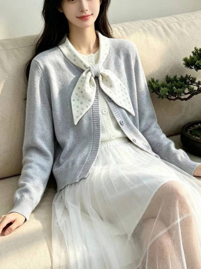 Faux-layered Bow Tie Cardigan