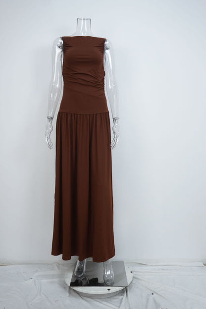brown Pleated sleeveless maxi dress