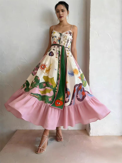 Printed camisole full-sweep maxi dress with ruffled