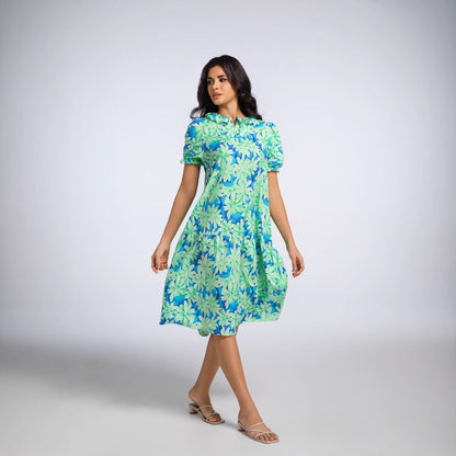 print ruffle-sleeve midi dress - green
