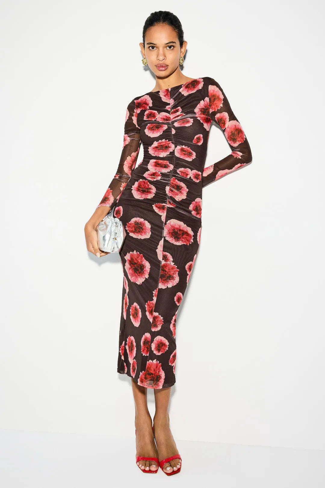 brown Printed mesh long-sleeve ruched slit midi dress