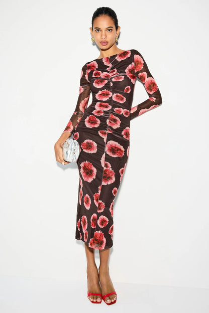 brown Printed mesh long-sleeve ruched slit midi dress