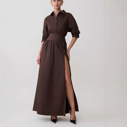 brown Waist Design Slit dress