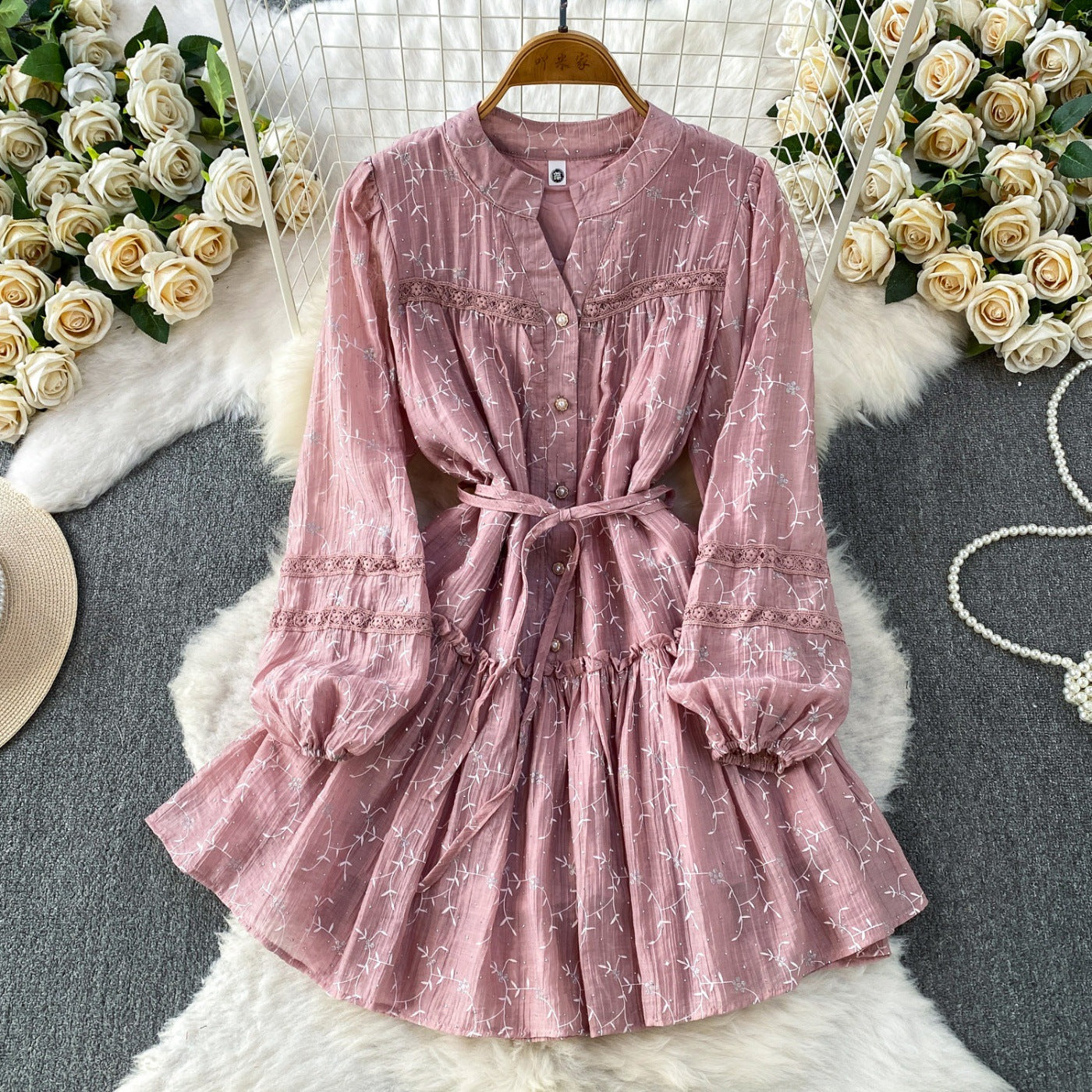 Summer rhinestone embroidered round neck midi dress