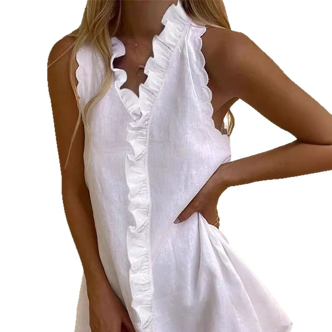 cotton linen embroidered ruffle mini dress