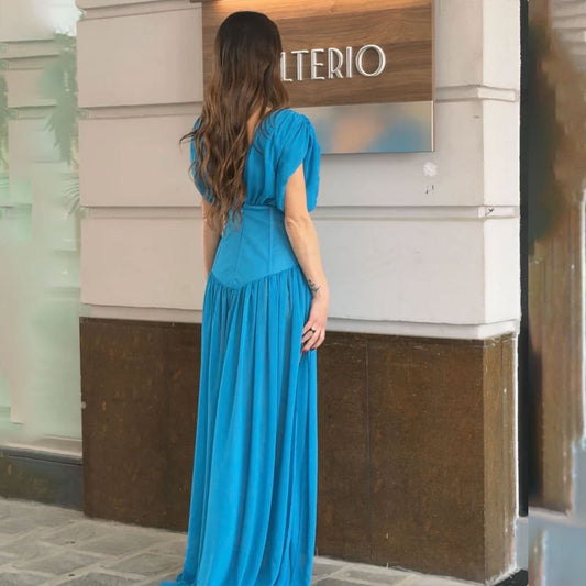 blue pleated  V-neck sleeveless asymmetrical dress