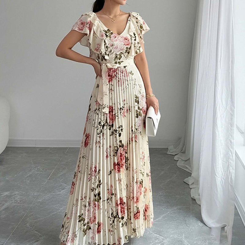 floral print ruffle sleeve V-neck pressed pleated long dress