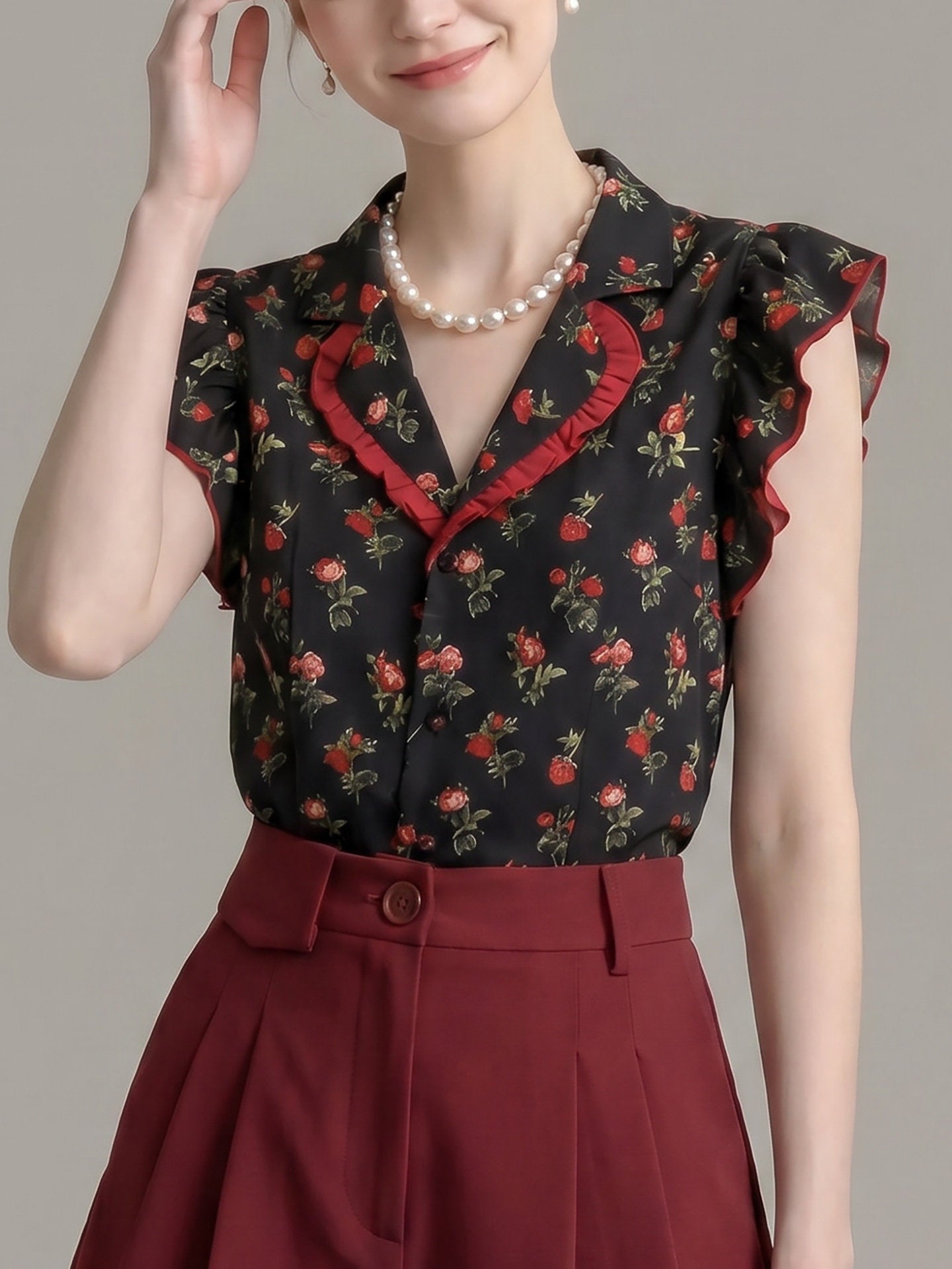 Red Rose Floral Ruffle Trim Sleeveless Shirt
