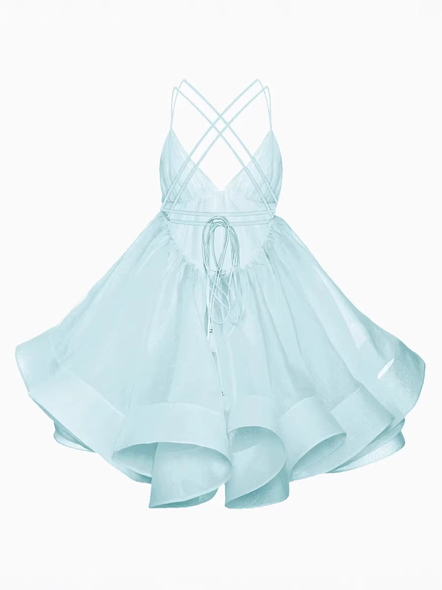 Pleated voluminous V-neck backless camisole mini dress