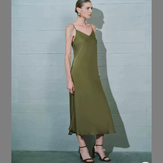 silk V-neck suspender long dress