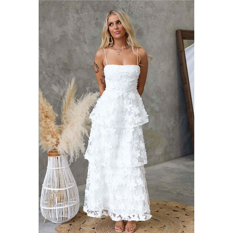 White 3D Floral Spaghetti Strap Tiered Midi Dress