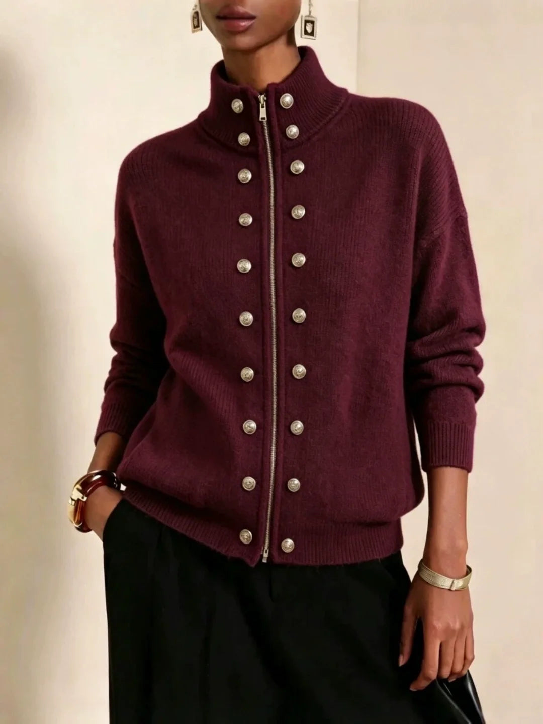 Double-breasted Zip-up knit Cardigan