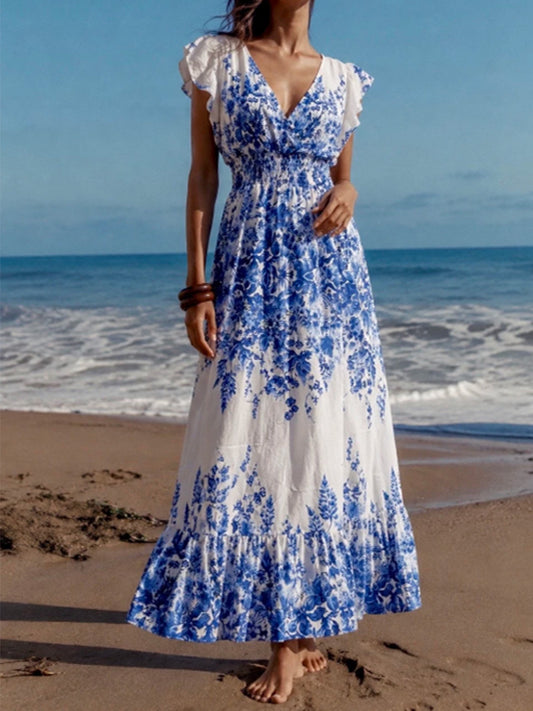 Blue-White Porcelain Print V-Neck Maxi Dress