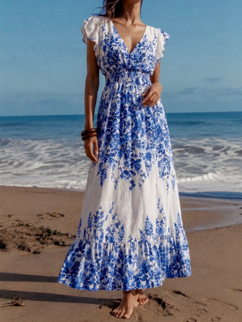 Blue-White Porcelain Print V-Neck Maxi Dress