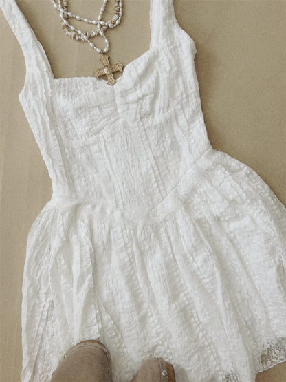 white ruffled lace heart neck slip dress