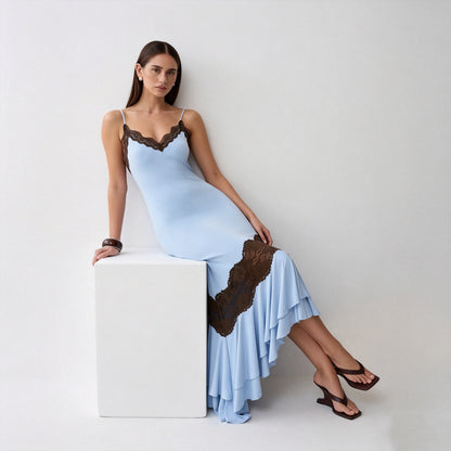 blue V-neck camisole maxi dress with asymmetrical lace splicing & cut-out