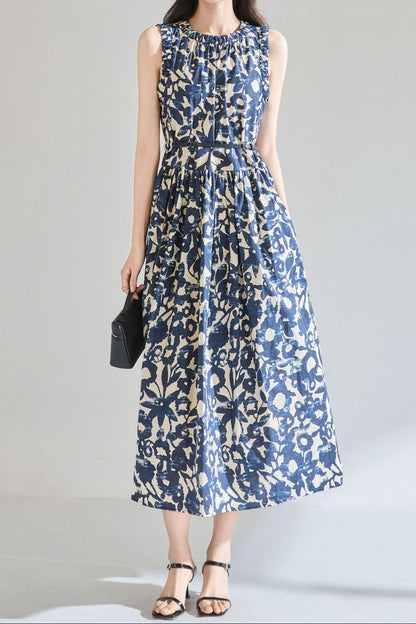 Hepburn-style sleeveless midi dress with oil painting print - blue
