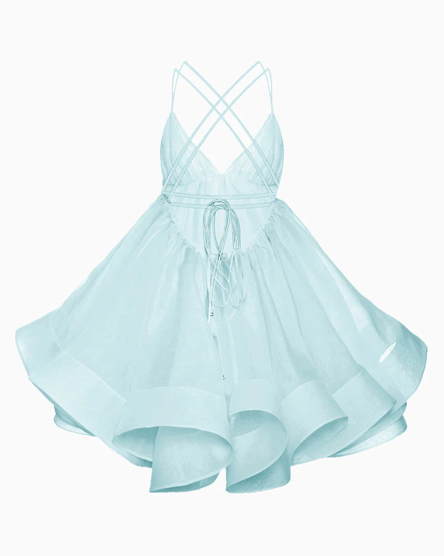 Pleated voluminous V-neck backless camisole mini dress