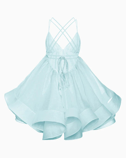 Pleated voluminous V-neck backless camisole mini dress
