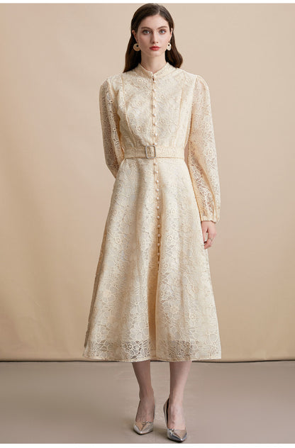 Lace embroidered stand-up collar single-breasted full skirt dress