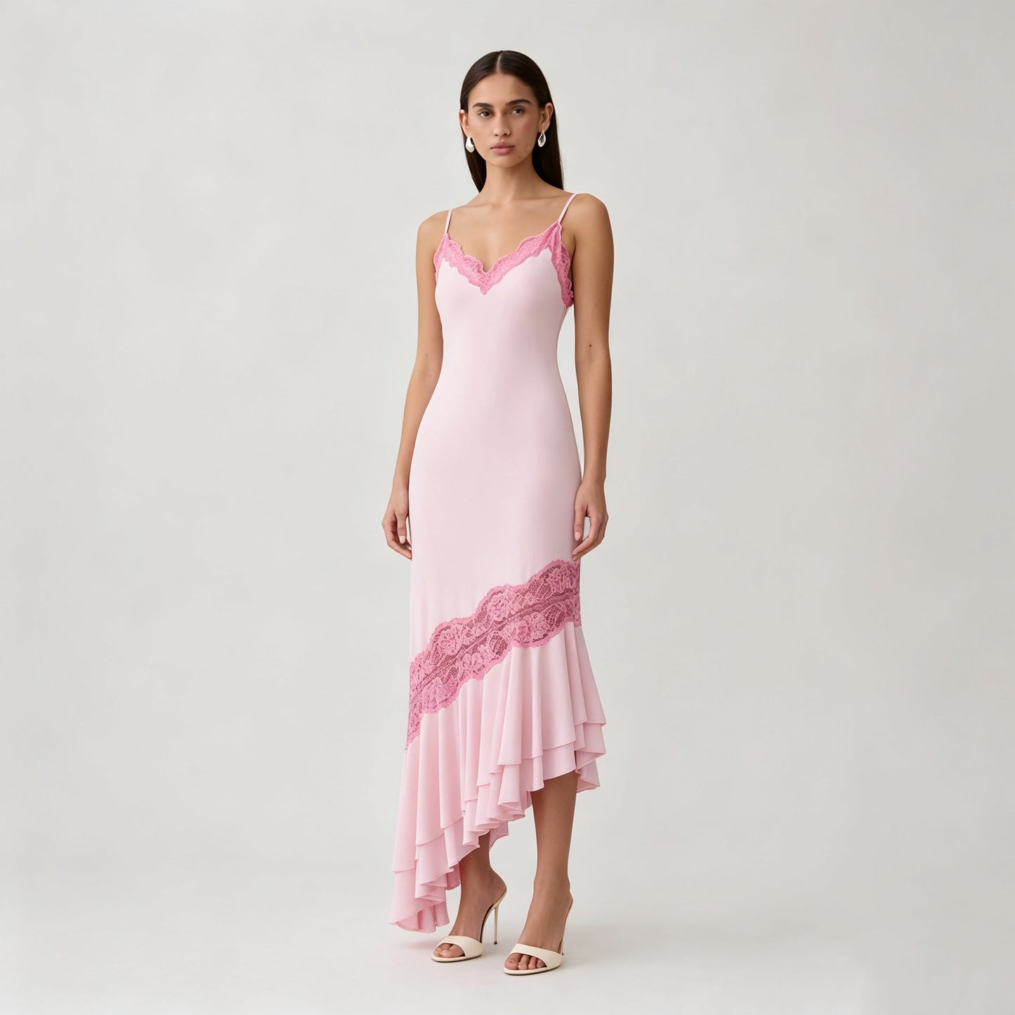 pink V-neck camisole maxi dress with asymmetrical lace splicing & cut-out