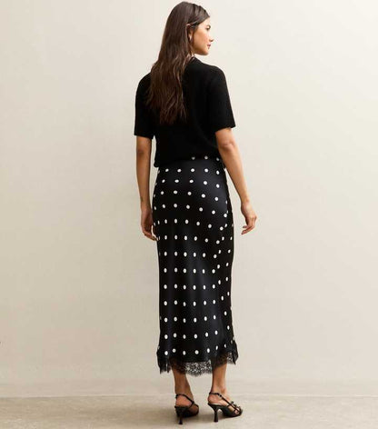 black polka dot lace patchwork midi skirt