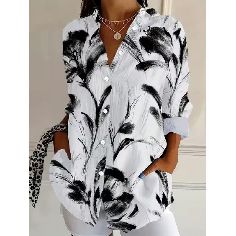 Digital Print Stand Collar Long Sleeve Shirt for Vacation