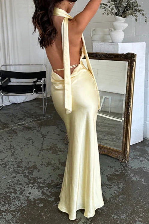 yellow Deep V-Neck Empire Waist Halter Maxi Dress