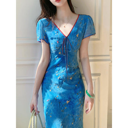 lesley v-neck floral Printed Embroidery maxi dress  - blue