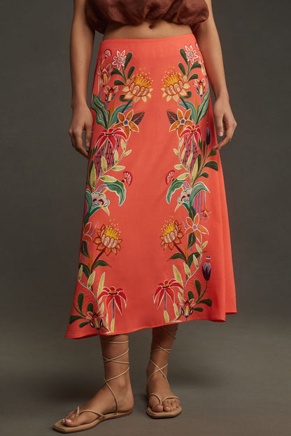 Resort-style floral printed A-line midi skirt