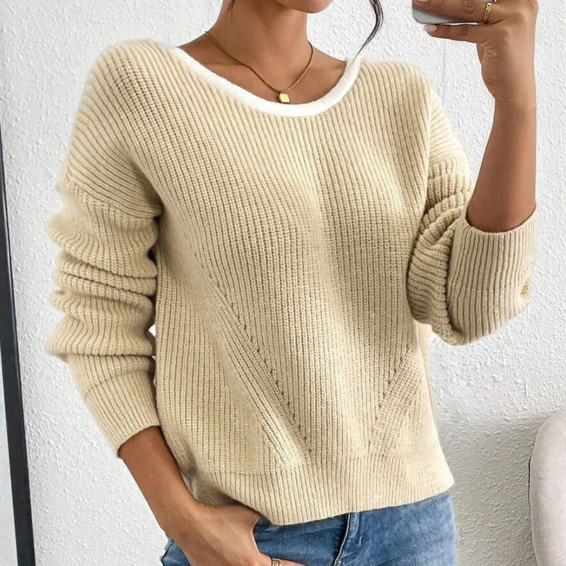 Relaxed Fit Ribbed Knit Sweater with Contrast Trim Crew Neck Premium Fabric - product view 2