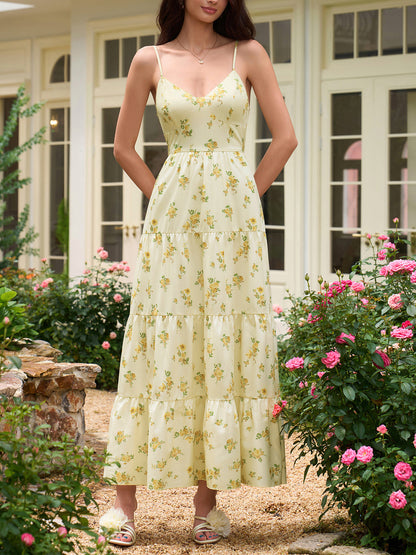 yellow V-neck floral print backless camisole dress