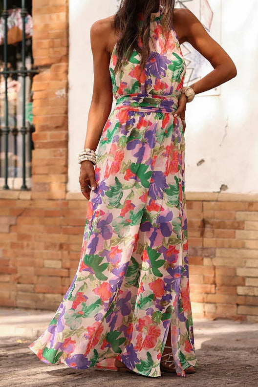 Printed Wrap-Style halter Ruched Maxi Dress - purple