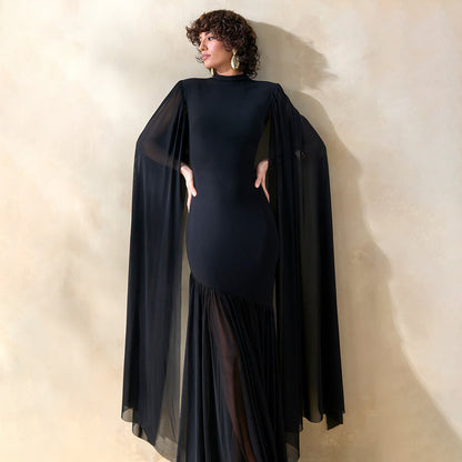 black mesh streamer maxi dress