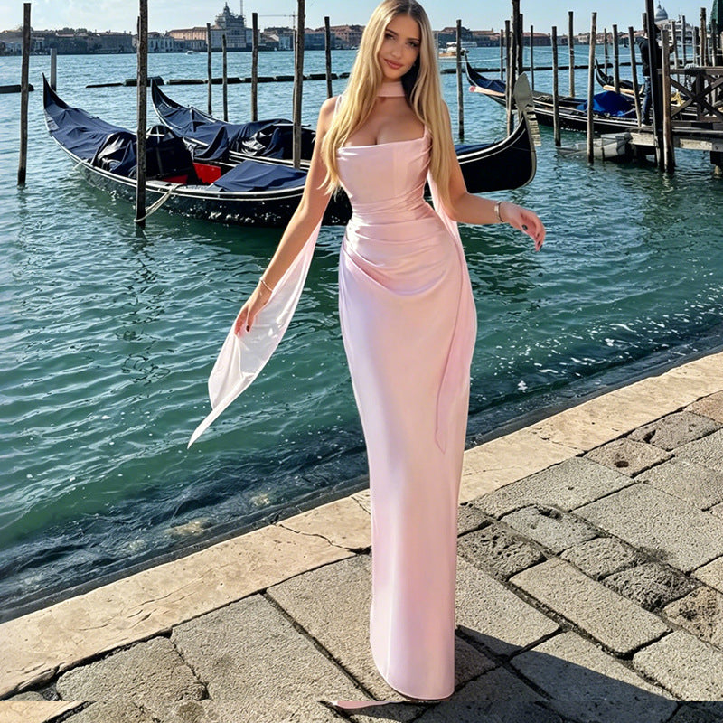 pink satin herring bone slip dress