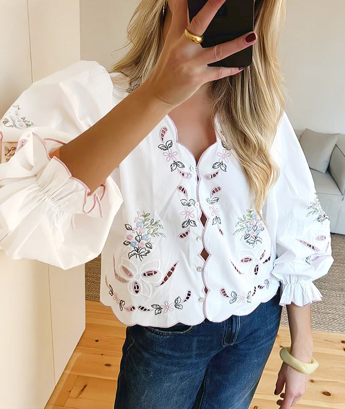 Openwork Embroidered V-Neck Closed Flared Sleeve Shirt