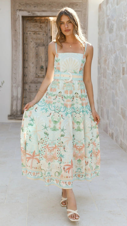green large swing floral linen sleeveless slip dress
