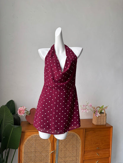 red polka dot halterneck backless mini dress