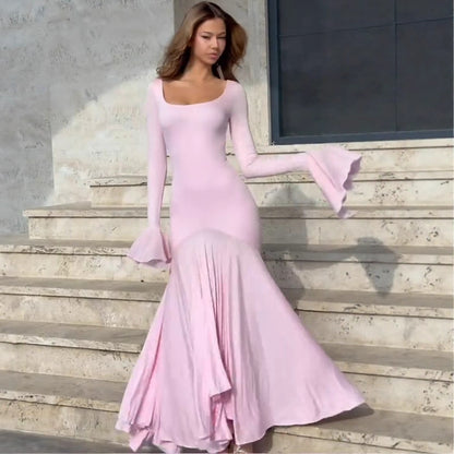 pink splicing irregular flared sleeve dress