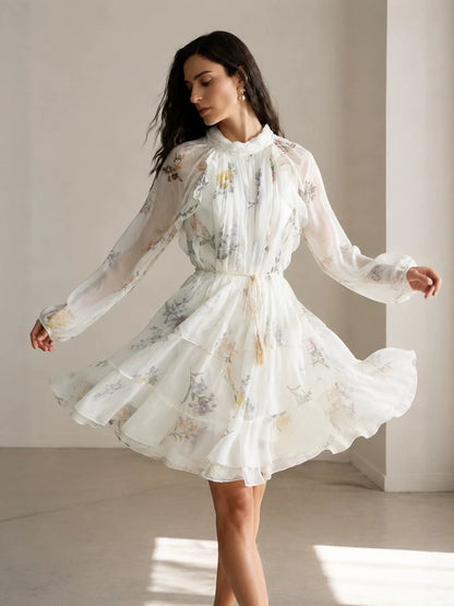 white Floral Chiffon Ruffled Tassel Belt Dress