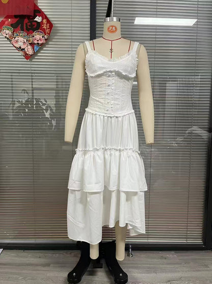 white renee Corset Tiered Midi Dress With Lace-Trim