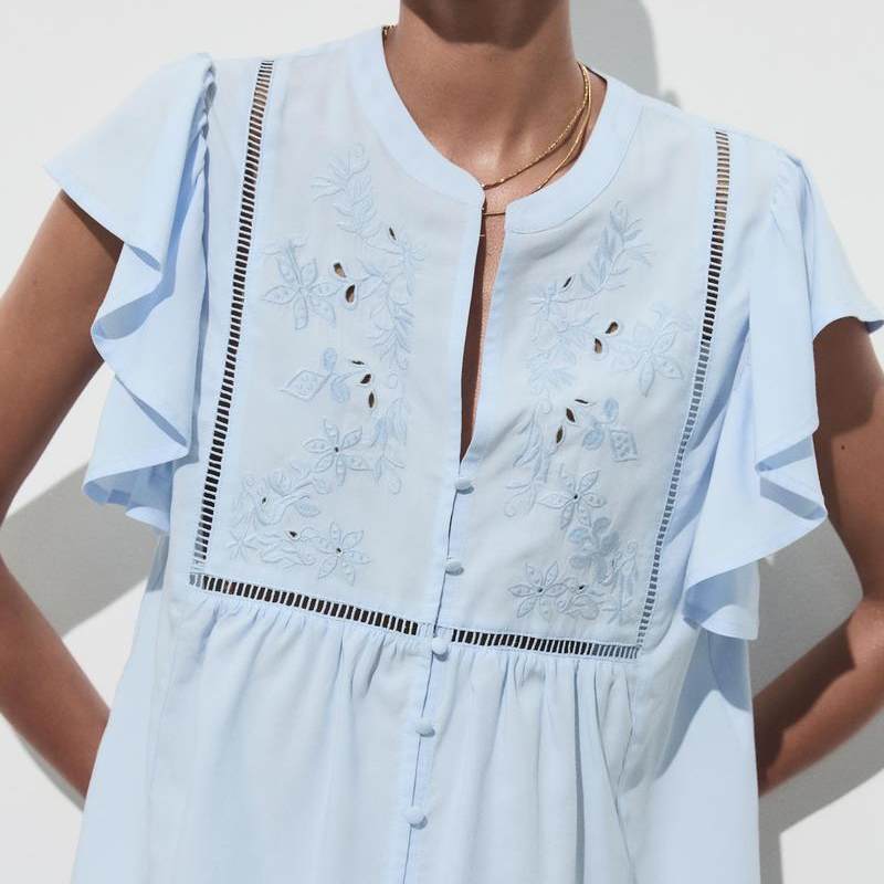 blue Hollow Embroidered Layered Lapel Short-Sleeve Shirt