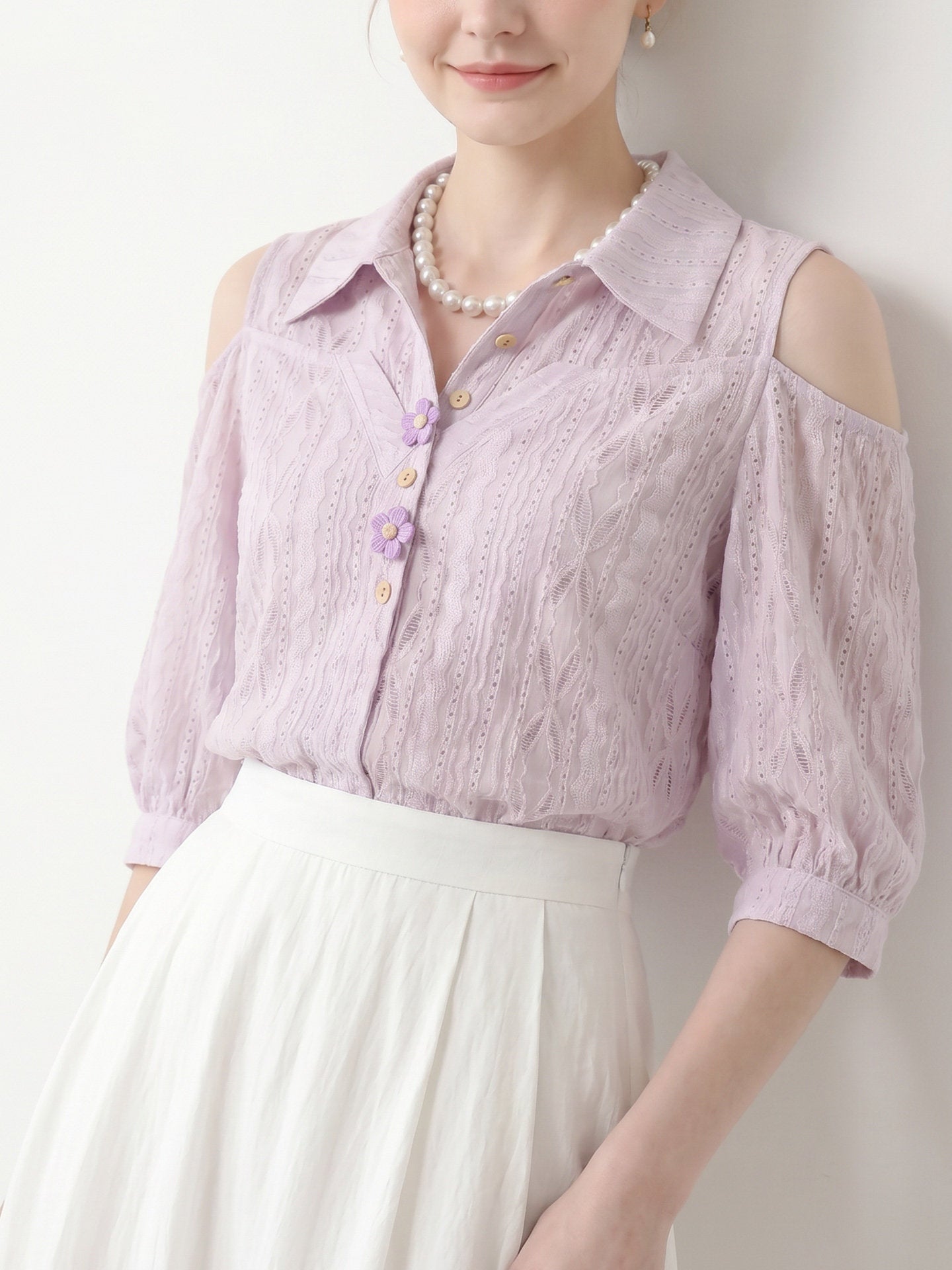 Cold Shoulder Collared Eyelet Blouse With 3D Floral Buttons