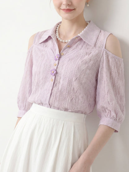 Cold Shoulder Collared Eyelet Blouse With 3D Floral Buttons