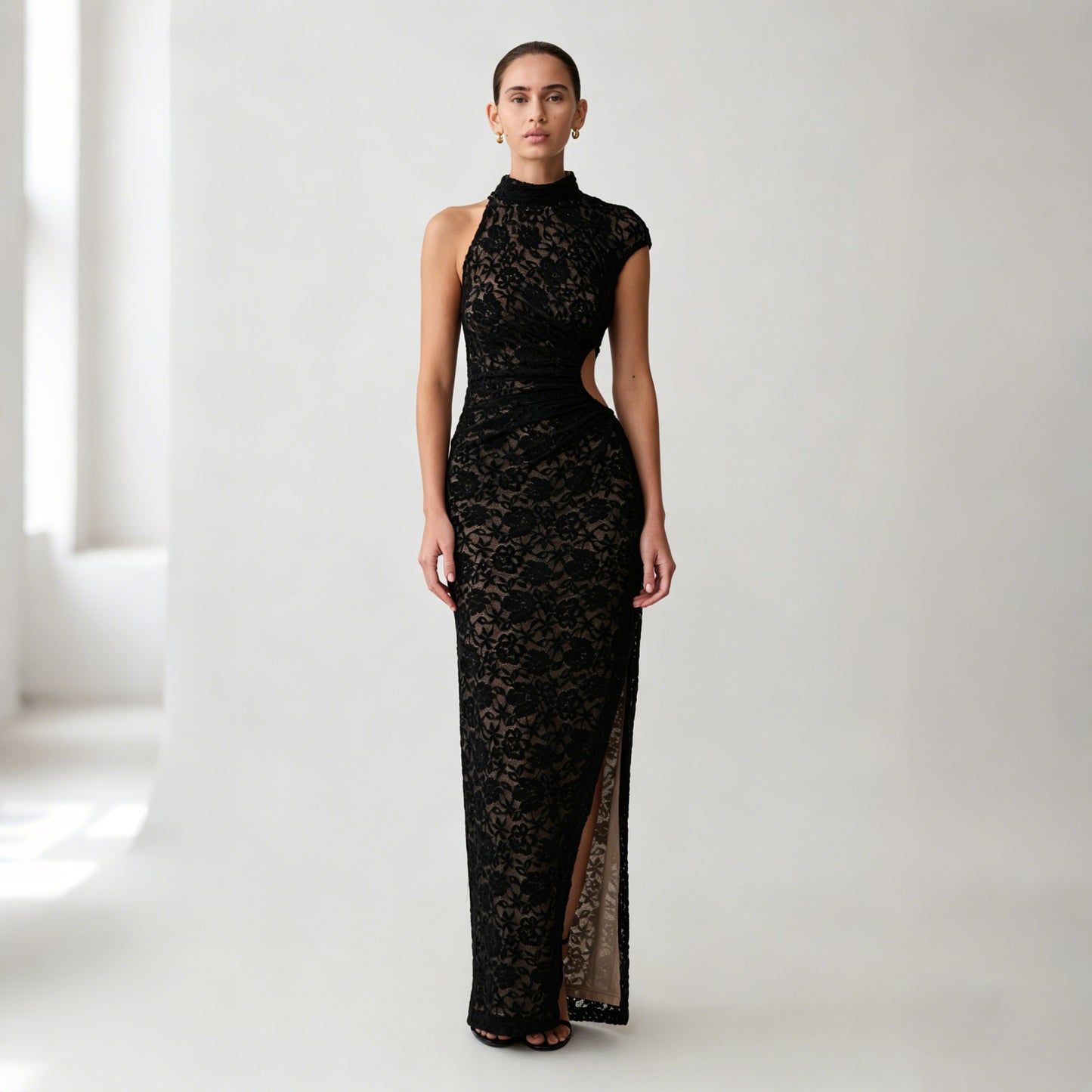 black lace slit cut-out waist dress