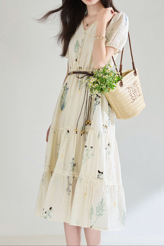 French Embroidered Tencel Pleated Textured midi Dress