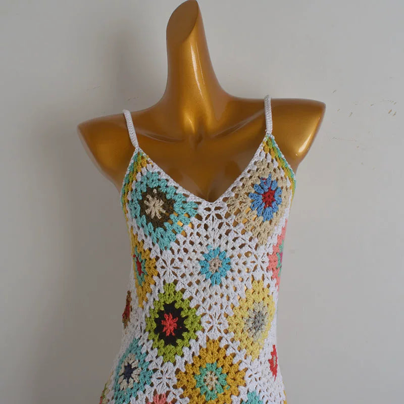 Boho Granny Square Crochet Mini Dress
