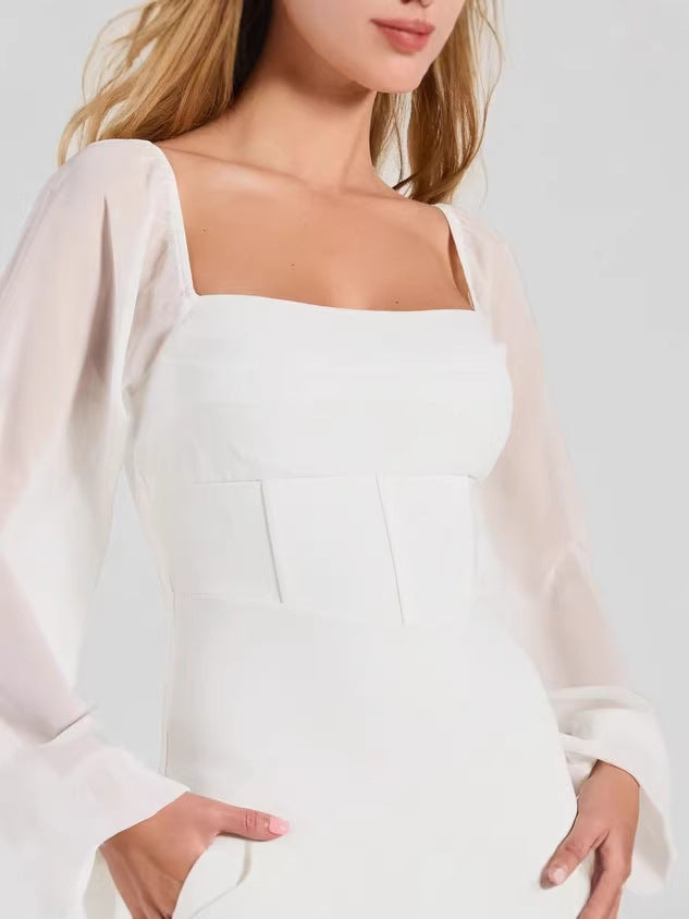 long-sleeved one-line collar backless mini dress