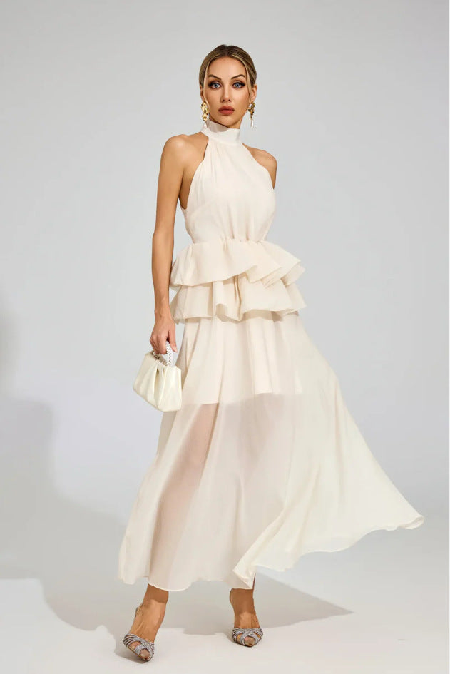 apricot sleeveless halterneck fluffy ruffled dress